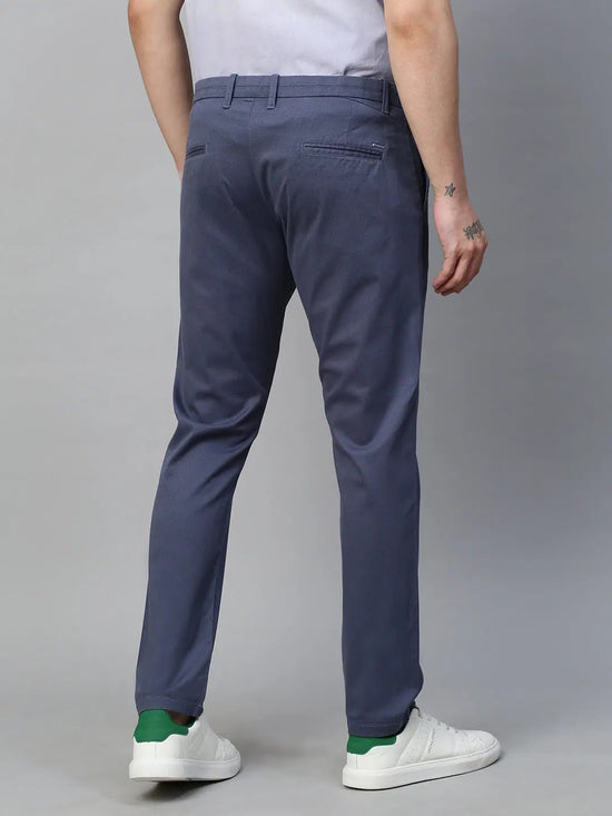 Genips Men's Blue Cotton Stretch Caribbean Slim Fit Solid Trousers