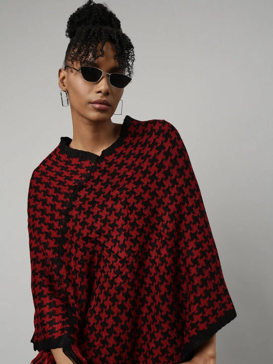 Women Geometric Red Longline Poncho-CHN-9971-Red