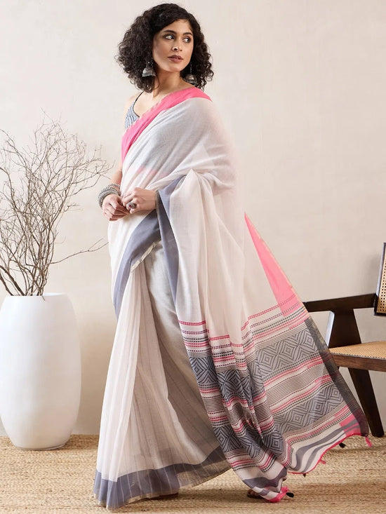 Ahika Women White Linen Geometric Printed Saree-VFSAR1012