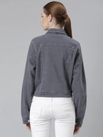 Women Grey Solid Denim Jacket-IM-10714-Grey