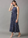 Women's Navy Blue Floral Fit and Flare Dress-AE-15665-Navyblue