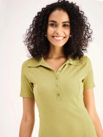 Women Khaki Rib Polo Neck Short Sleeves Skater Dress