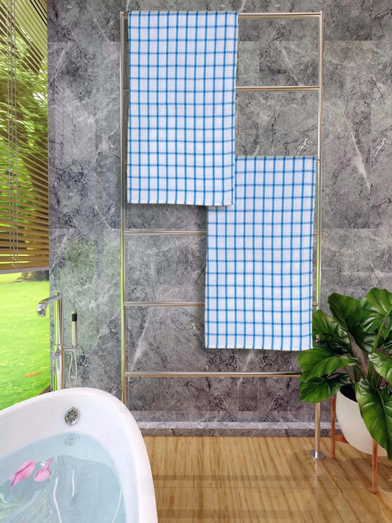 Athom Living Premium Gamcha Bath Towel 65 x 135 cm Pack of 2 White with Blue checkered-ATZ-BT-1A-C2