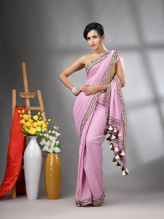 Lilac Mul Cotton Soft Saree With Embroidered Borders-MA62MCT33990003