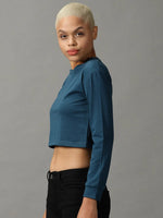 Women's Blue Solid Boxy Crop Top-AE-10536-Teal