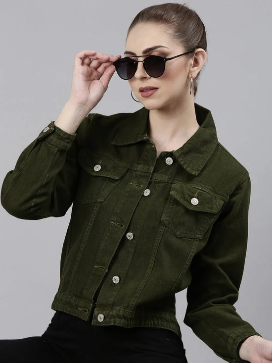 Women Olive Solid Denim Jacket-GZ-5598-Olive