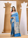 Sky Blue Silk Banarasi Saree With Ethnic Motifs And Woven Designs-MA53BSL441050026