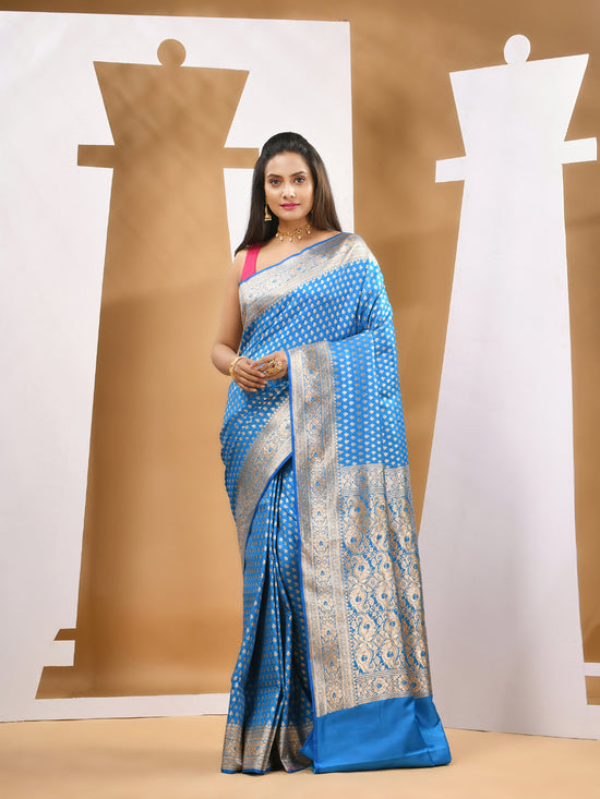 Sky Blue Silk Banarasi Saree With Ethnic Motifs And Woven Designs-MA53BSL441050026