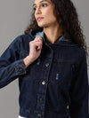 Women's Navy Blue Solid Denim Jacket-AE-9513-Navyblue