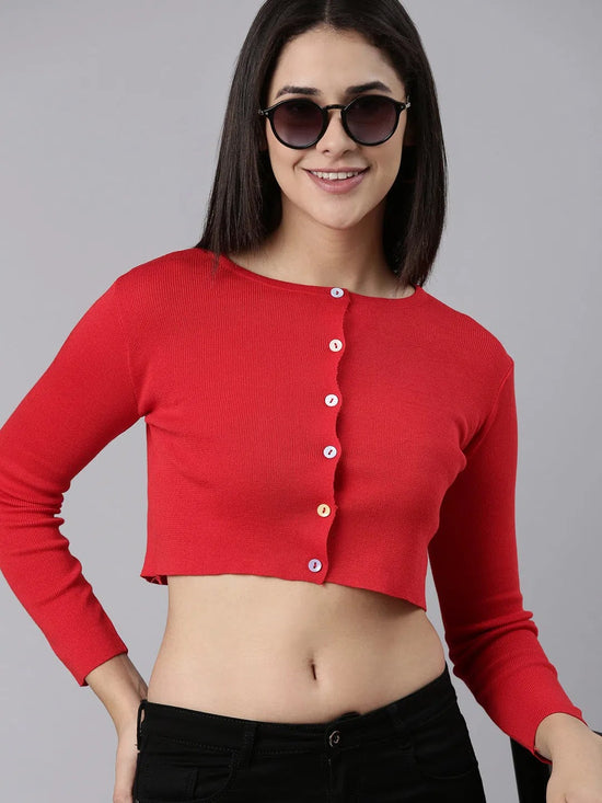 Women Red Solid Front-Open Crop Sweater-CHN-5211-Red