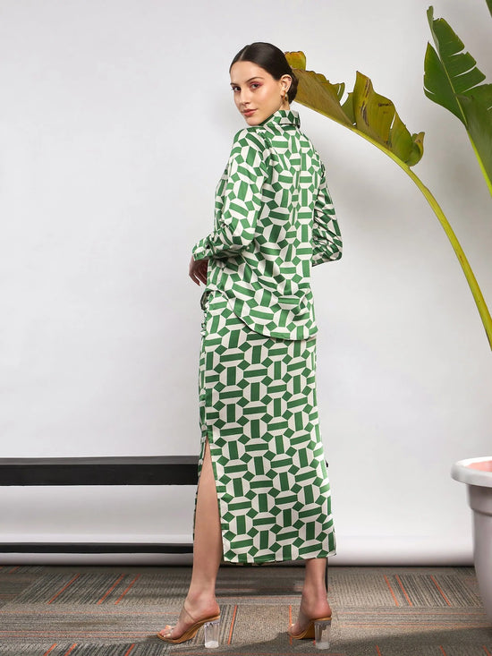 Women Green Satin Geometrical Shirt With Ruched Skirt