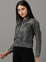 Women's Grey Solid Denim Jacket-AE-5499-Grey