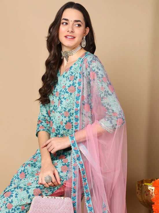 Ahika Women blue Cotton Blend Printed Straight Kurta Pant Set