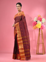 Dark Red Pure Cotton Tant Saree With Zari Border-MA51TT43540051