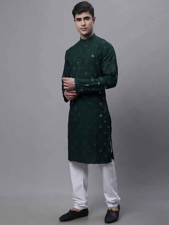 Men's Olive Green Embroidered Mirror Work Kurta Pyjama-JOKP-646Olive