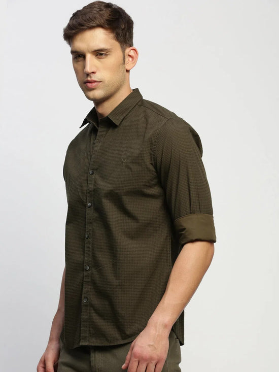 Men Green Striped Shirt-HEPTAGON-1780-Olive