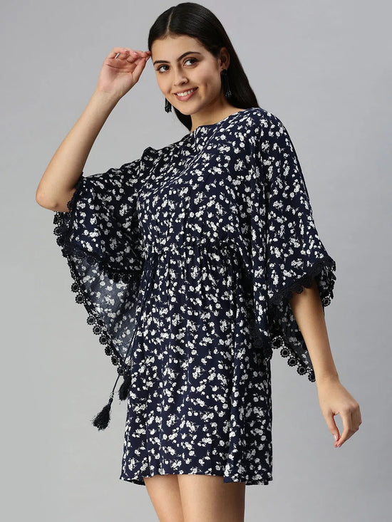 Women's Navy Blue Floral Empire Dress-AE-9915-Navybluewhite