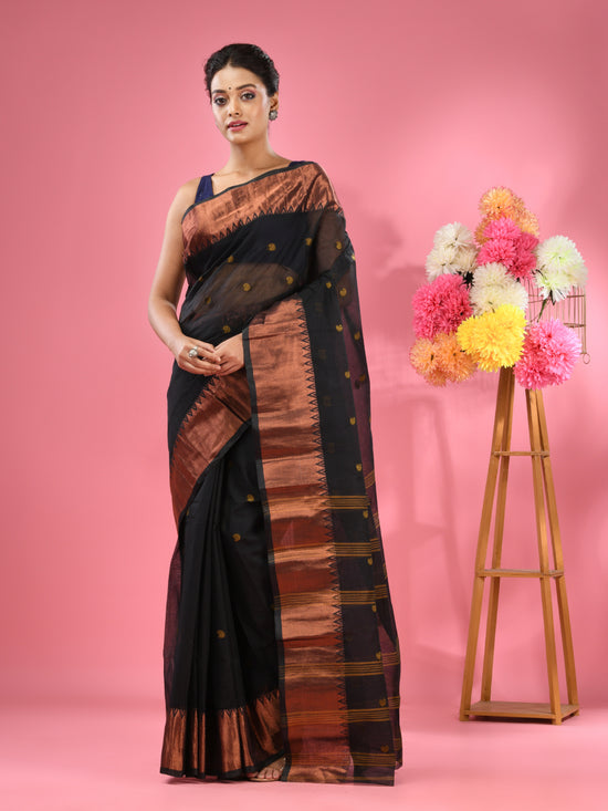 Black Pure Cotton Tant Saree With Zari Border-MA51TT43540046