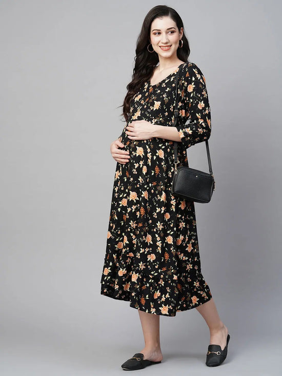 MomToBe Floral Printed Maternity A-Line Midi Sustainable Dress-1154mtbblkflrd-l