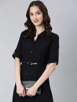 Women Black Solid Shirt Dress-DF-1508-Black