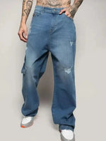 Men Smart Wide Leg Mildly Distressed Light Fade Stretchable Jeans