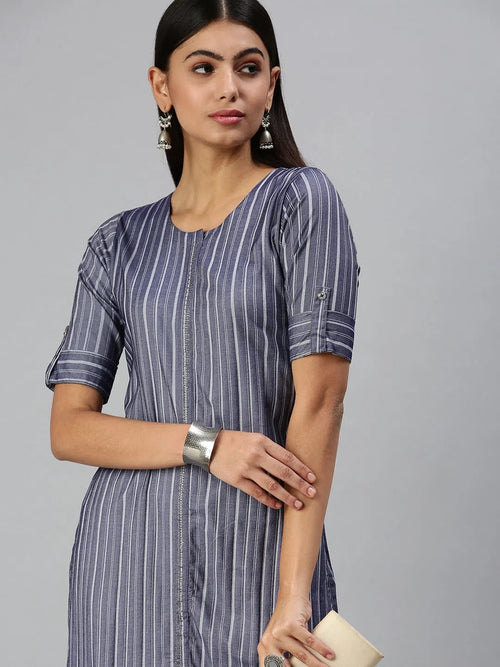 Women's Navy Blue Striped Straight Kurta-SNG2064-Navyblue