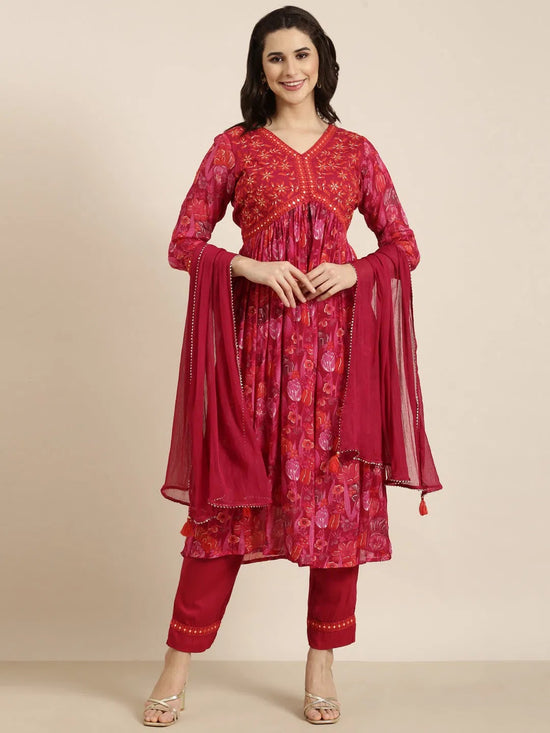 Women Anarkali Pink Floral Kurta and Trousers Set Comes With Dupatta-AT-A1377-KPD-Pink