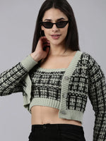 Women Sea Green Checked Front-Open Crop Sweater-CHN-006-Seagreen