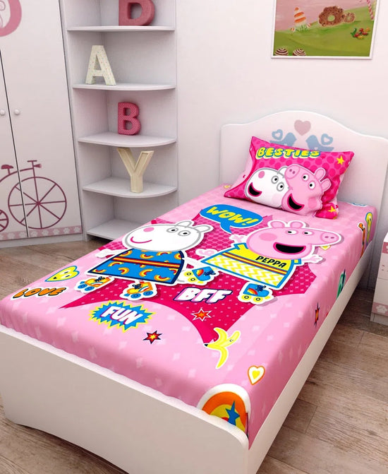 Athom Living Besties Peppa Pig Digital Printed Cotton Kids Single Bedsheet 147x223 cm with Pillow Cover-PEP-03-245-S