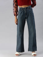 Women's Blue Solid Wide Leg Denim Jeans-GZ-5064B-Blue