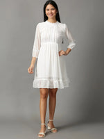 Women's White Solid Fit and Flare Dress-HQ-23-White