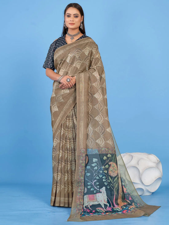 Saree Mall Women's Linen Blend Beige Printed Designer Saree With Blouse Piece-SUMER107