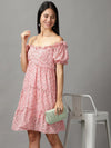 Women's Pink Floral Fit and Flare Dress-HQ-6-Pink