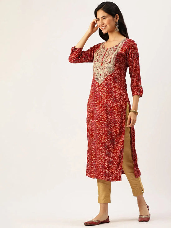 Women's Red Printed Straight Kurtas-AT-A418-K-Red