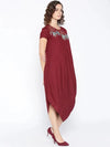 One side cowl asymettric dress with side floral print in Maroon