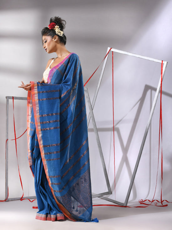 Shappire Blue Soft Cotton Saree With  Zari Stripe Designs-MA55CT06530049