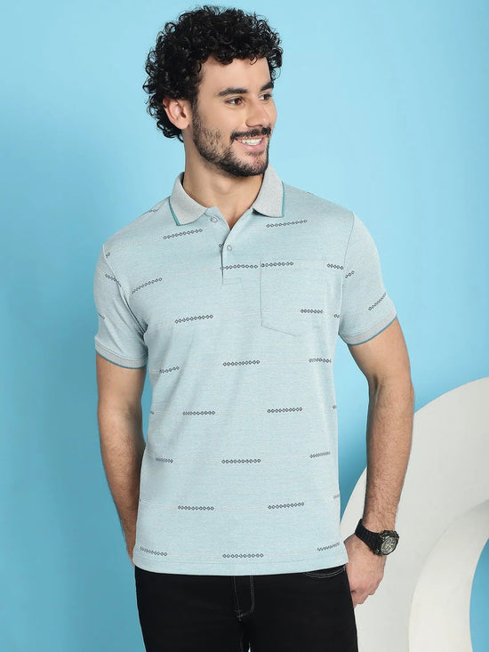 Venitian Men All Over Printed Aqua Green Premium Cotton Polo Neck T-shirt With Pocket