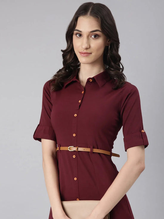 Women Maroon Solid Shirt Dress-DF-4698-Maroon