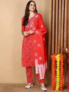 Ahika Women Red Cotton Embroidered Straight Kurta Pant Set