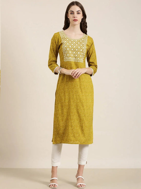 Women Mustard Geometrical Straight Kurta-AT-A1080-K-Mustard