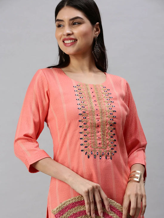 Women's Pink Striped Straight Kurta-SKC3183-Pink