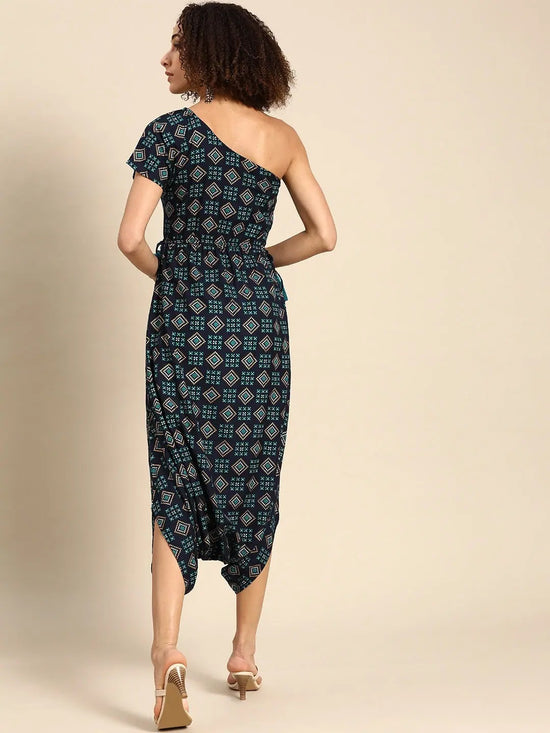 One shoulder dhoti Jumpsuit in Navy Print