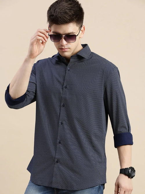 Men Navy Polka Dots Casual Shirt-DAITON-3440-Navyblue