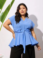 Women Blue Front Knot Peplum Top