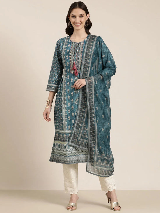 Women Teal Floral Kurta Set-BC-SK-1707-Teal