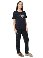 Smarty Pants Women's Cotton Lycra Navy Blue Color Heart Print Night Suit