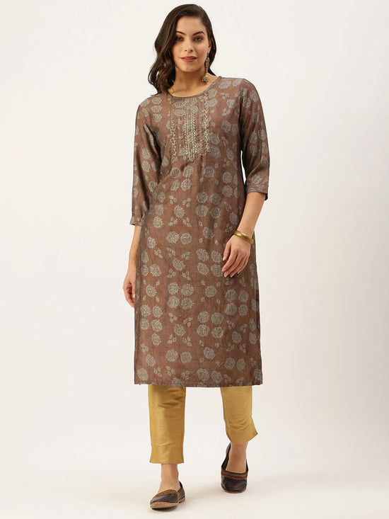 Women's Brown Embellished Straight Kurtas-HO-1448-Brown