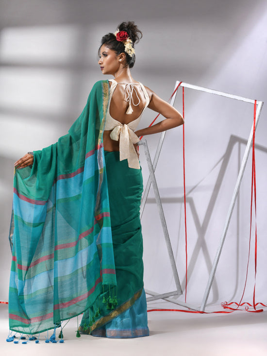 Teal Patli-Pallu Cotton Saree With Stripes Pallu-MA55CT06540003