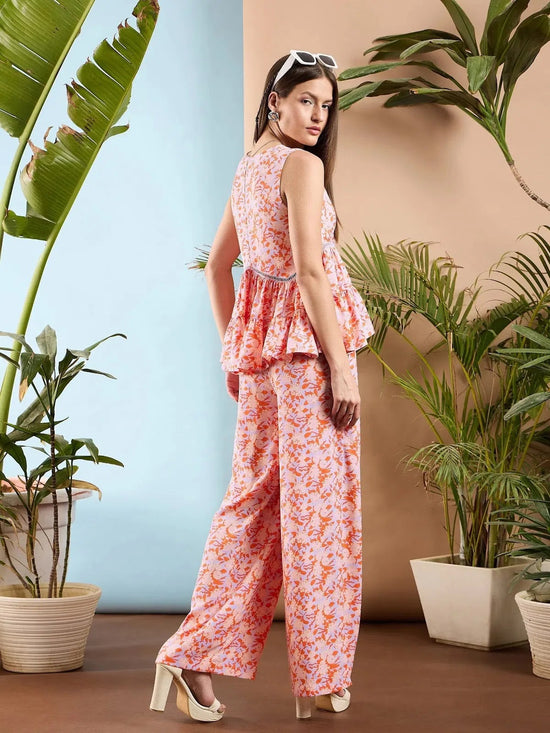 Women Orange Floral Tiered Top With Palazzo Pants