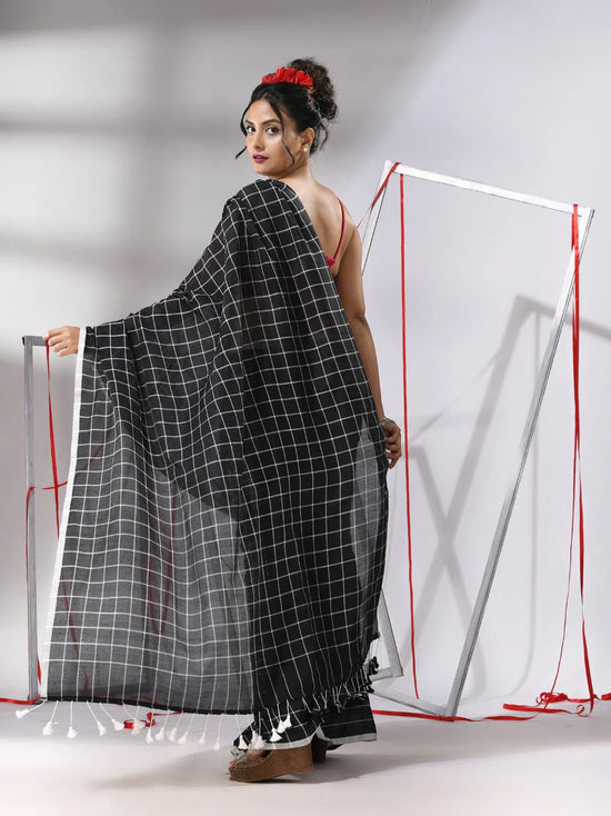 Black Cotton Saree With Check Designs-MA55CT06520147